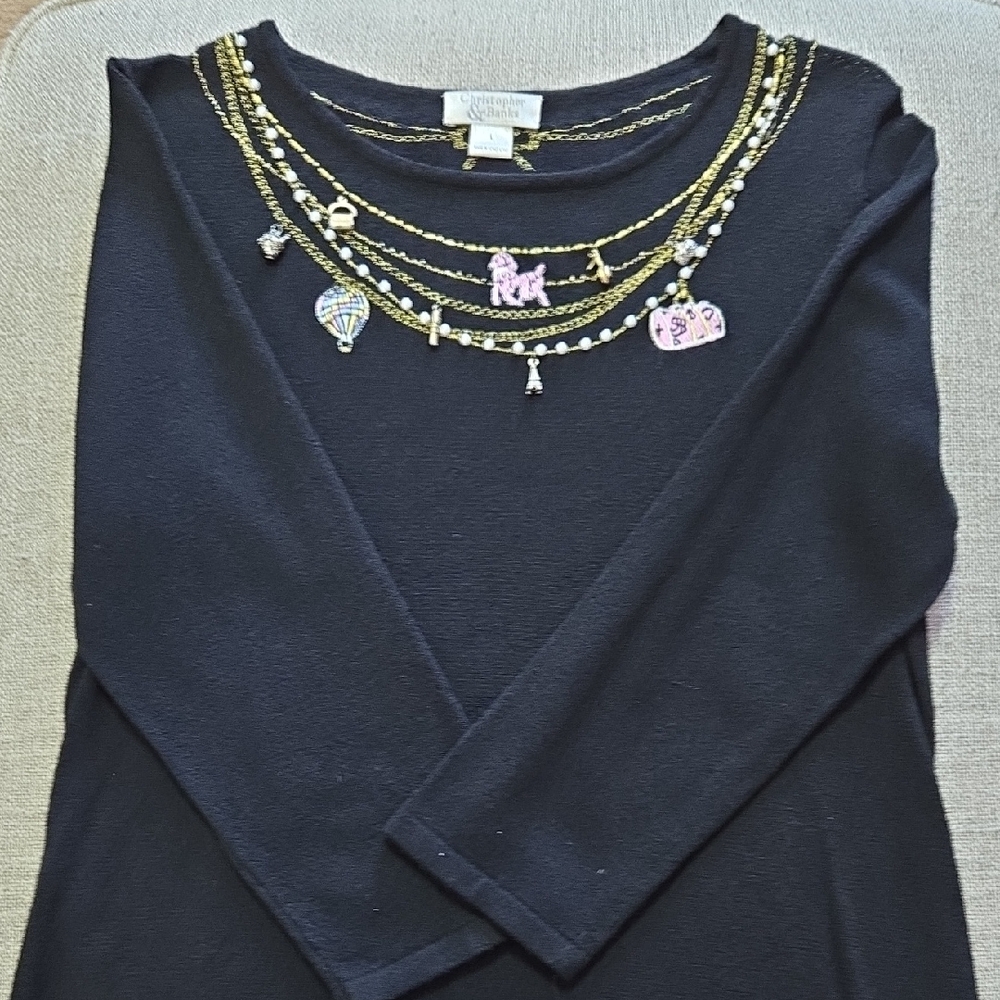 Christopher & Banks Black Top with Gold and Pink Embellishments Size Large